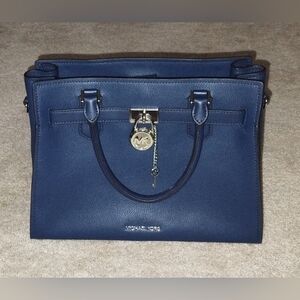 Michael Kors Hamilton Navy Pebbles Leather Satchel with Silver Hardware. EUC